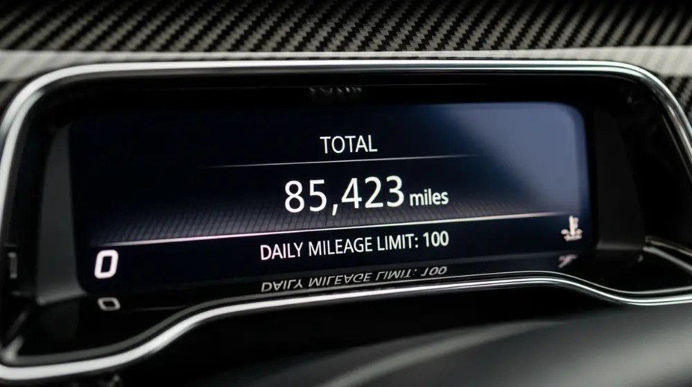 An image of a car odometer highlighting daily mileage limits for car rentals