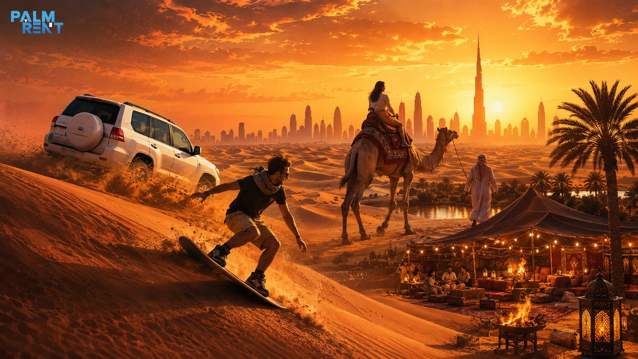 Dubai çöl safarisi aktiviteleri, kum tepelerinde sürüş, deve gezisi ve kum kayağı