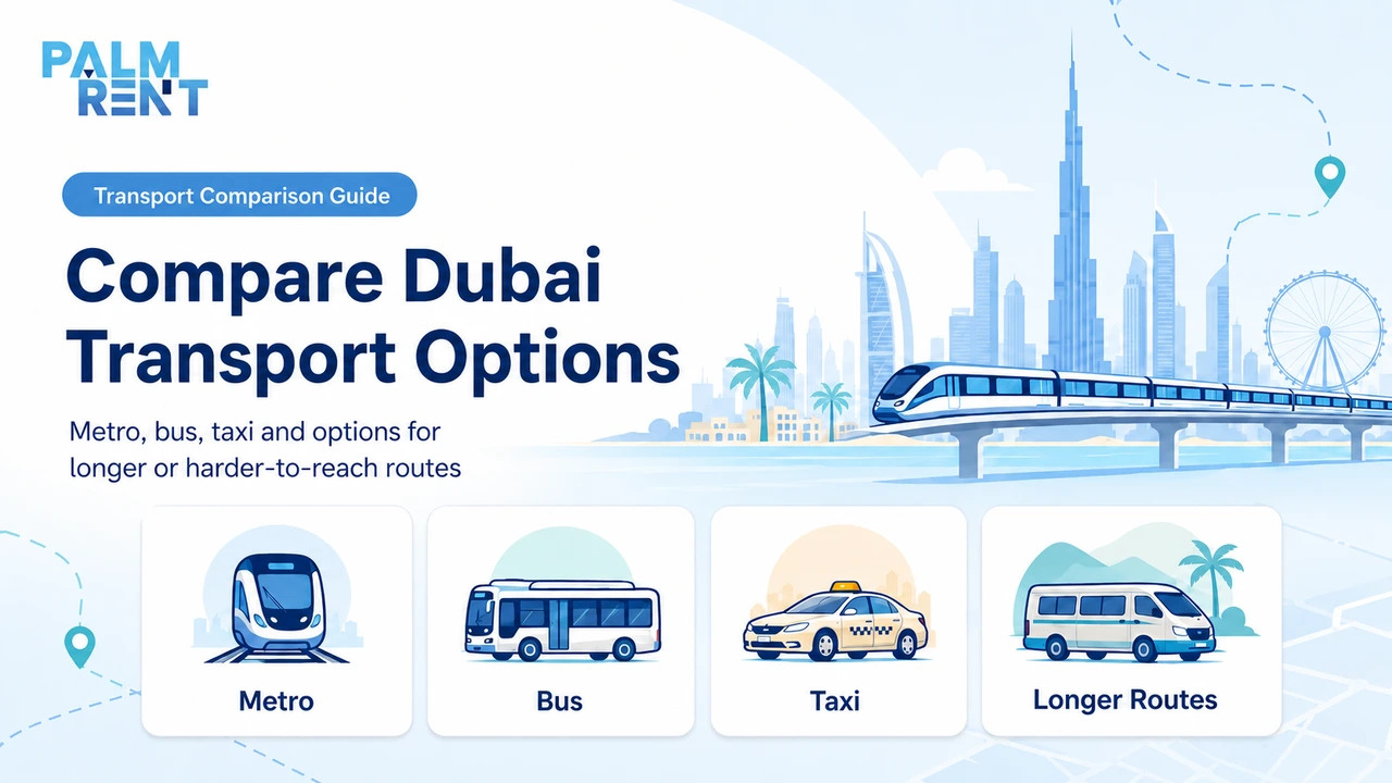Comparison of Dubai transport options including metro, bus and taxi